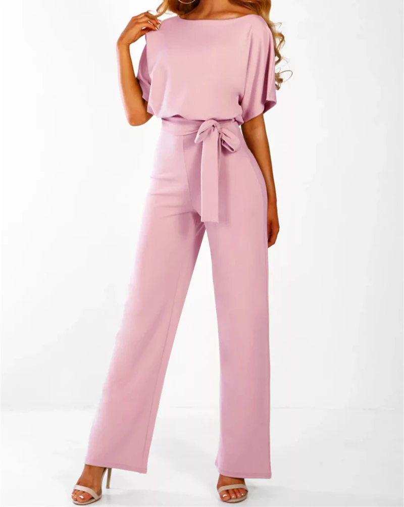 

2019 Summer Jumpsuit Women Short Sleeve Elegant Jumpsuits Long Pants Casual Work Romper Autumn Office Lady Bodysuit Overalls 3XL