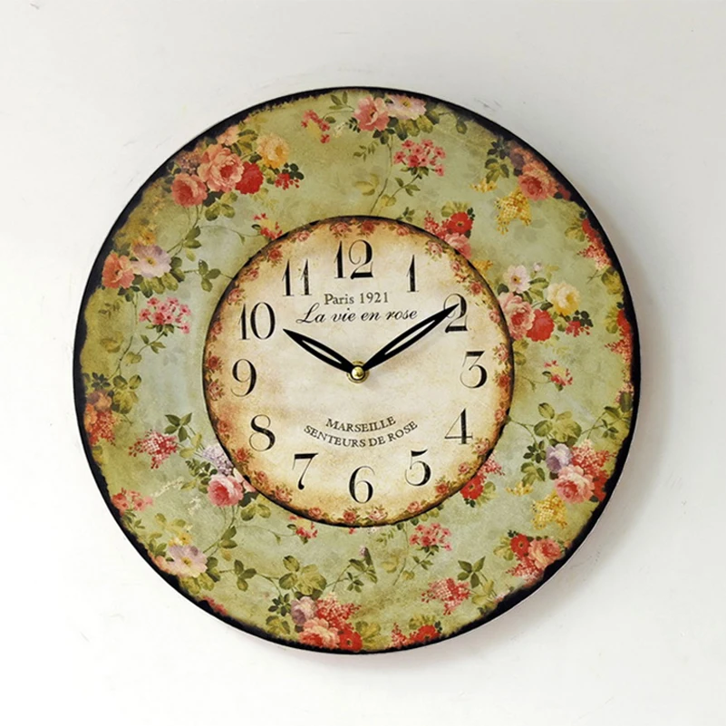 Wooden Wall Clocks Vintage Rustic Shabby Chic Mute Rimless Round Reloj De Pared Retro Art Floral Wall Clock Cafe Decoration