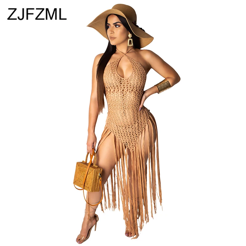 

Hand Crochet Long Tassels Boho Sundress Women Fishnet Hollow Out Backless Beach Dress Summer Halter Off The Shoulder Maxi Dress