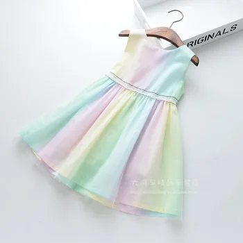 

Roimyal Wholesale 2019 Summer New Seven Rainbow Line Dress Girl Pure Cotton Round Collar Sleeveless Nets Sweetjacket