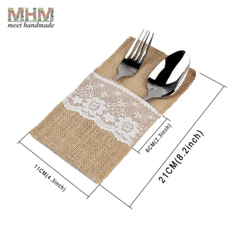 

20pcs Wedding Party Decoration Vintage Jute Burlap Lace Packaging Knife and Fork Buggy Bag Chic Tableware Pouch 4"x8"