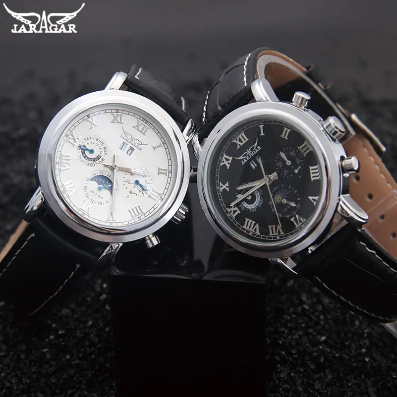 Мужские механические часы бренда Jaragar, повседневные мужские автоматические часы Moonphase с ремешком из натуральной кожи, черные Автоматические наручные часы с датой