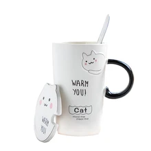Cute cat coffee mug ceramic tea cup couples drinkware with spoon cover