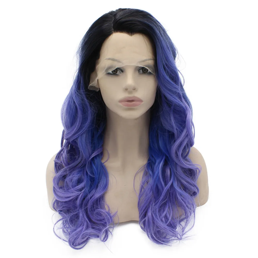 S29 Long Wavy Black Root Blue Purple Ombre Tone Synthetic Hair Lace