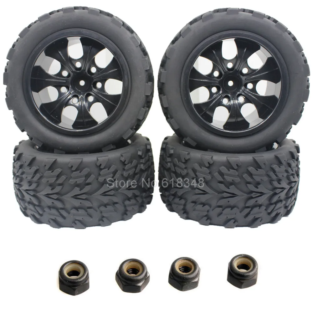 

4Pcs Rubber RC Car Tires & Wheel Rim Hex 12mm For 1/10 Scale Monster HSP BRONTOSAURUS 94111 Redcat Volcano EPX Exceed Infinity