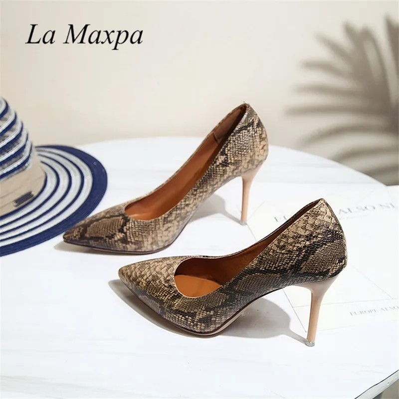 Women Pumps Snake Printed High Heel Pumps Shoes Sexy Pointed Toe Super High 8.5vm Party Nightclub Wedding Shoes Size 34 35 39 40