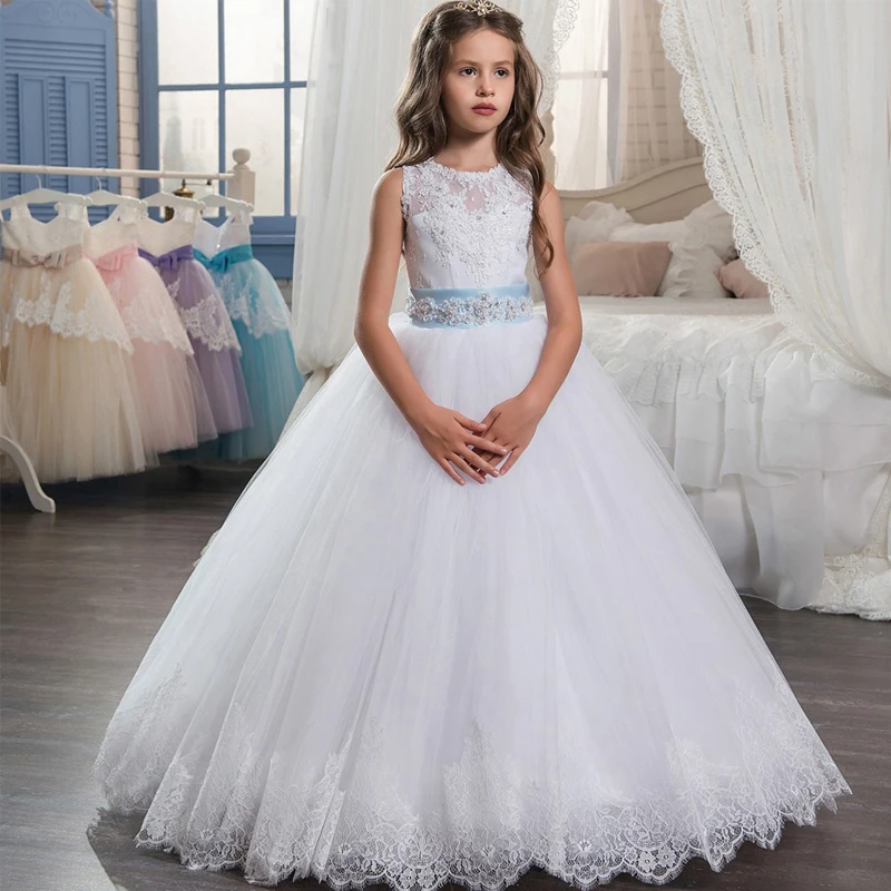 White Princess Flower Girl Dresses With Blue Belt Tulle Party Little