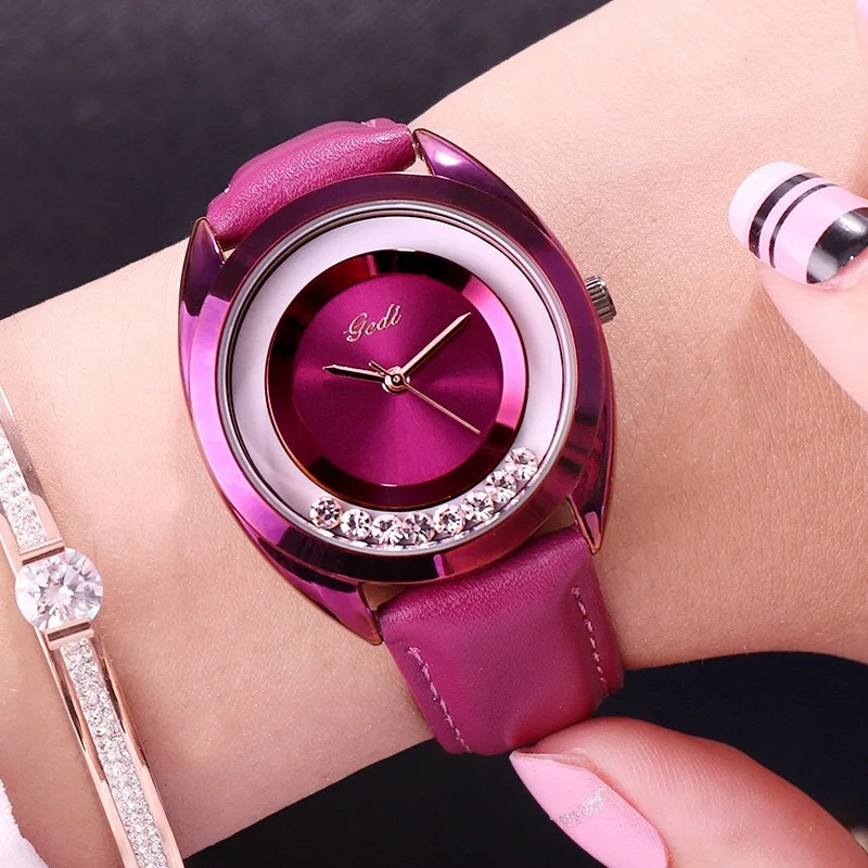 

Fashion Purple Diamond Rotating Dial Ladies Watch Personality Red Leather Strap Quartz Women's Watch gift for women reloj mujer