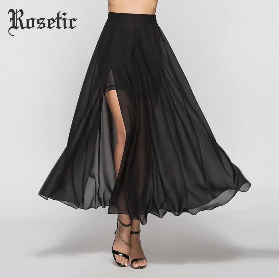 

Rosetic Sexy Gothic Party Long Girl Skirt Black Slit Chiffon See-Through Mesh Patchwork Women Sexy Fashion Slim Club Goth Skirts