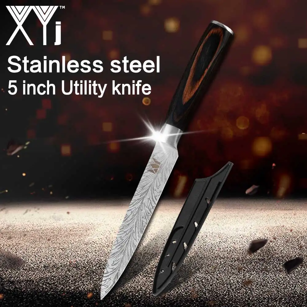 XYj кухонный нож шеф-повара, японские ножи 7CR17 440C из высокоуглеродистой нержавеющей стали, перо, лазерный узор, овощной нож Santoku - Цвет: 5 inch Utility Knife