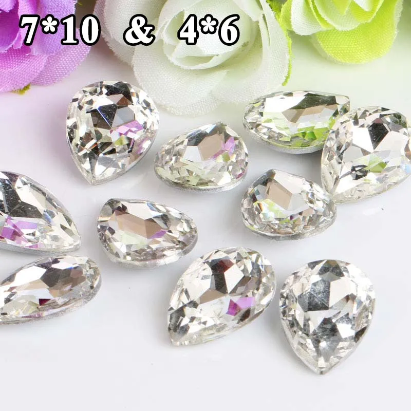 

54 piece 7*10 5*8 4*6 White Color Pointback Glue Paste On DIY Rhinestone For Bag Clothes Droplet Shape Crystal Glass Rhinestones