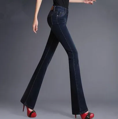 ФОТО New 2016 Fashion Plus Size Women Vintage Stretchy Flare Pants Cotton Denim Skinny Boot Cut Jeans Woman