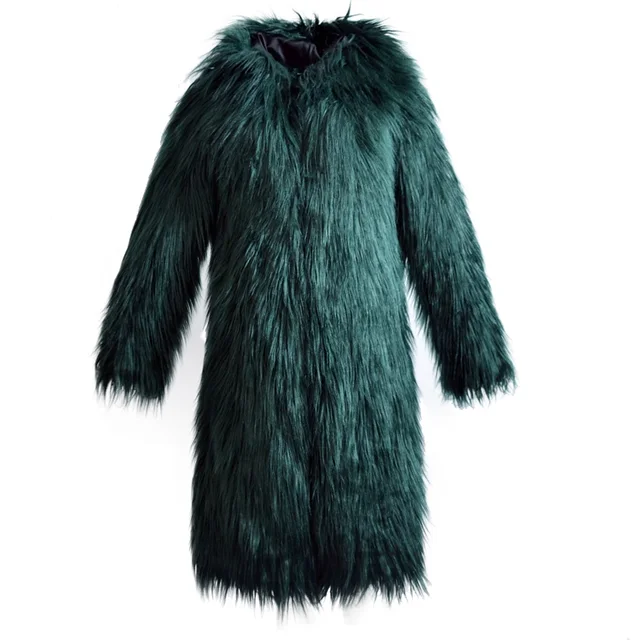 Buy Elegant Fluffy Faux Fur Long Coat Women Green