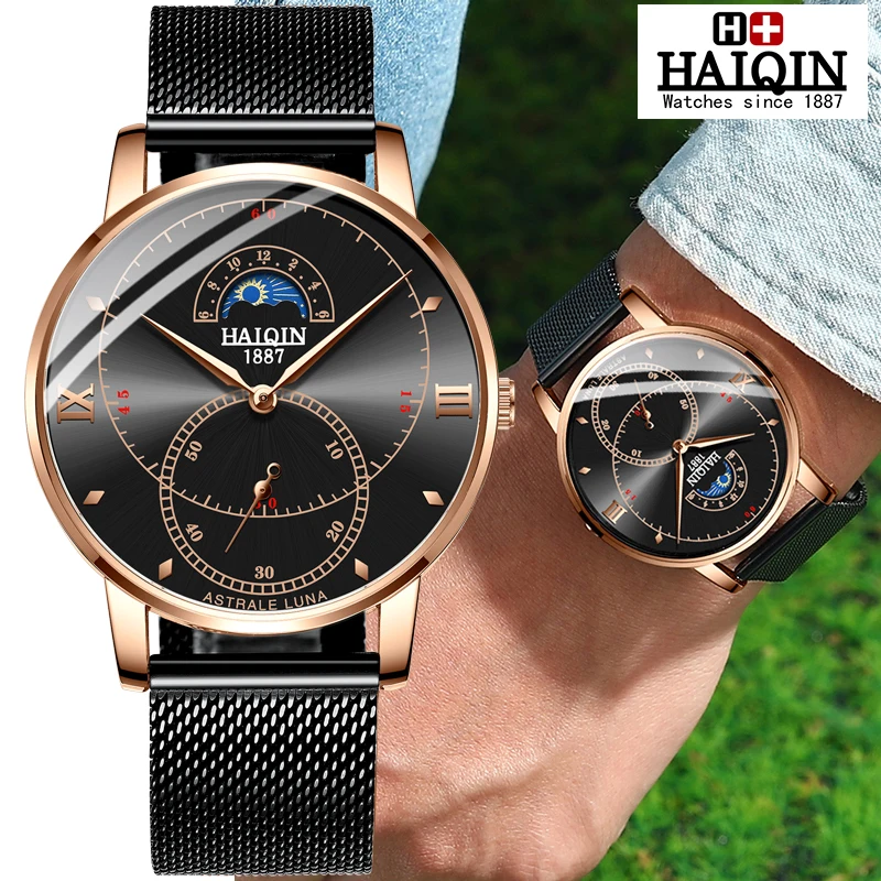 HAIQIN Top Brand Luxury Men Watches Quartz Watch Men Casual Slim Mesh Steel Waterproof Sport Watch Relogio Masculino 2019