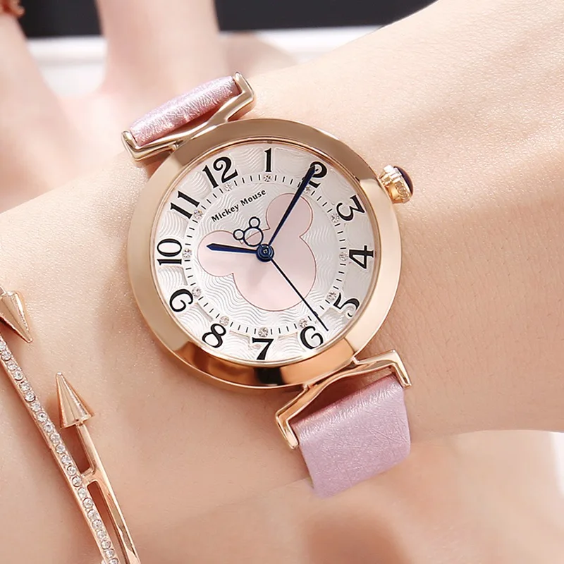 Disney для женщин Красивые наивысшего качества Стразы кожаный ремешок часы Девушки Мода повседневное кварцевые цифровые часы Mickey подарок - Цвет: Розовый