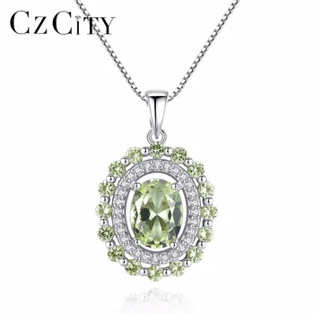 

CZCITY Brands Oval Shape Olive Green Topaz Genuine Solid 925 Sterling Silver Pendant Necklace Fine Jewelry For Women Gift Silver
