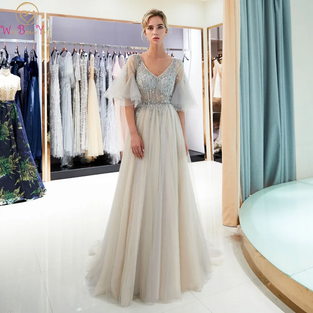 

Deep V Neck Evening Dresses Light Gray Women Elegant Half Sleeves Vantage Sequined Beaded Crystal Tull Long Handmade Party Gowns