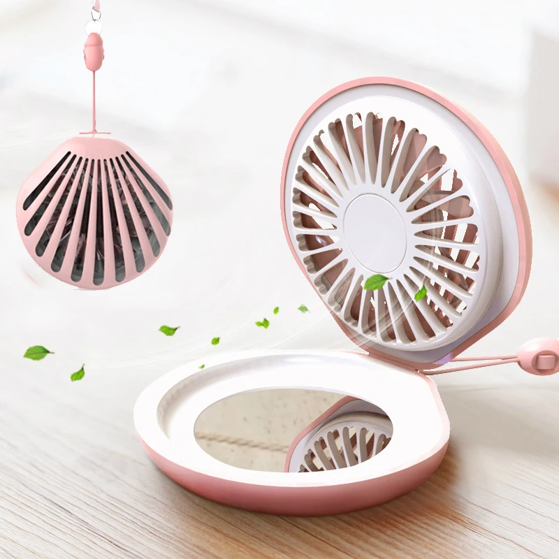 

New Arrival Mini Electric Hand Fan with Makeup Mirror LED Light Battery Rechargeable USB Portable Handheld Desk Table Fan Cute