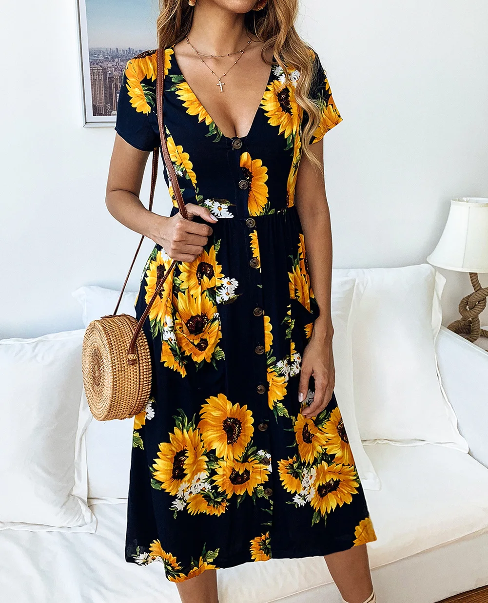 

Fashion Women Dress Printed Sunflower Button Casual Dress Straight Floral Short Knee-Length V-Neck Dresses N32