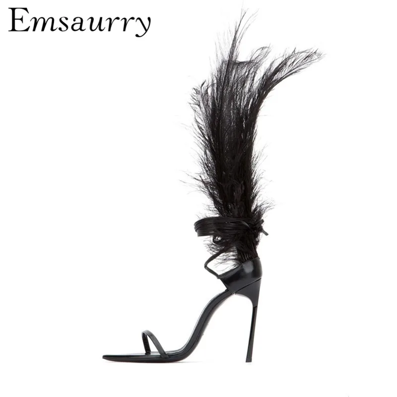 Concise One-strap Gladiator Sandals Women Ankle Wrap Stiletto Heel Sexy Feather Summer Runway Sandalias Mujer Concise One-strap Gladiator Sandals Women Ankle Wrap Stiletto Heel Sexy Feather Summer Runway Sandalias Mujer