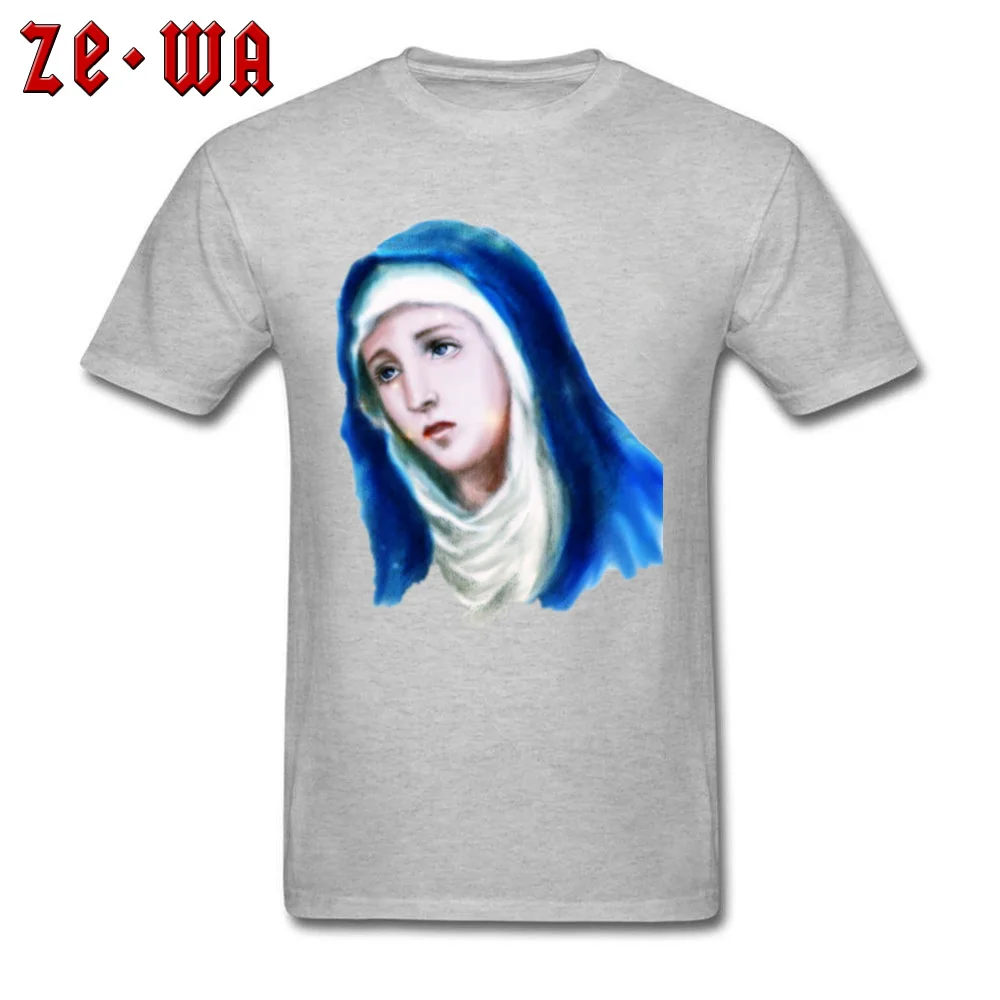 Fitted Men's T Shirt Virgin Mary Painting Printed On Tops Tees Pure Cotton Short Sleeve Classic T-shirts Crewneck Virgin Mary Painting grey