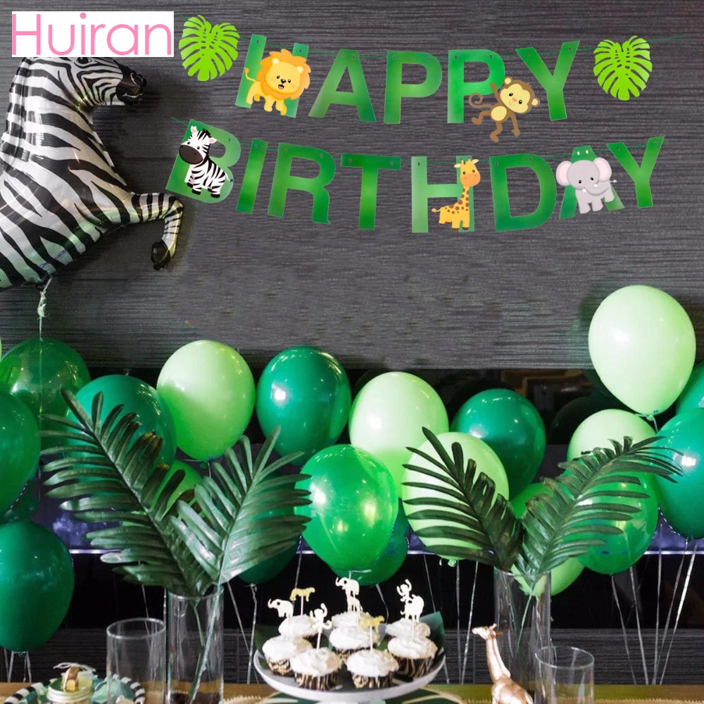 HUIRAN сафари животные бумажный баннер с днем рождения Дети День Рождения Декор джунгли вечерние украшения зеленый слон Зебра