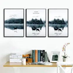 Nordic Минималистский Плакат озеро горный лес силуэт оленя живопись A4 художественной печати холст настенные панно Гостиная Home Decor