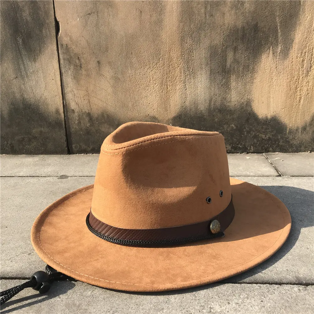 Женская и мужская полая шляпа от солнца в западном стиле, шляпа для папы, шляпа сомбреро Hombre, шляпа от солнца, шляпа от солнца с ветровой веревкой, соломенная и кожаная - Цвет: Dark Tan