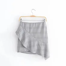 Европейский Стиль Лето Новое поступление тонкая мини-юбка клетчатая нерегулярная юбка косые оборки офисные юбки женские