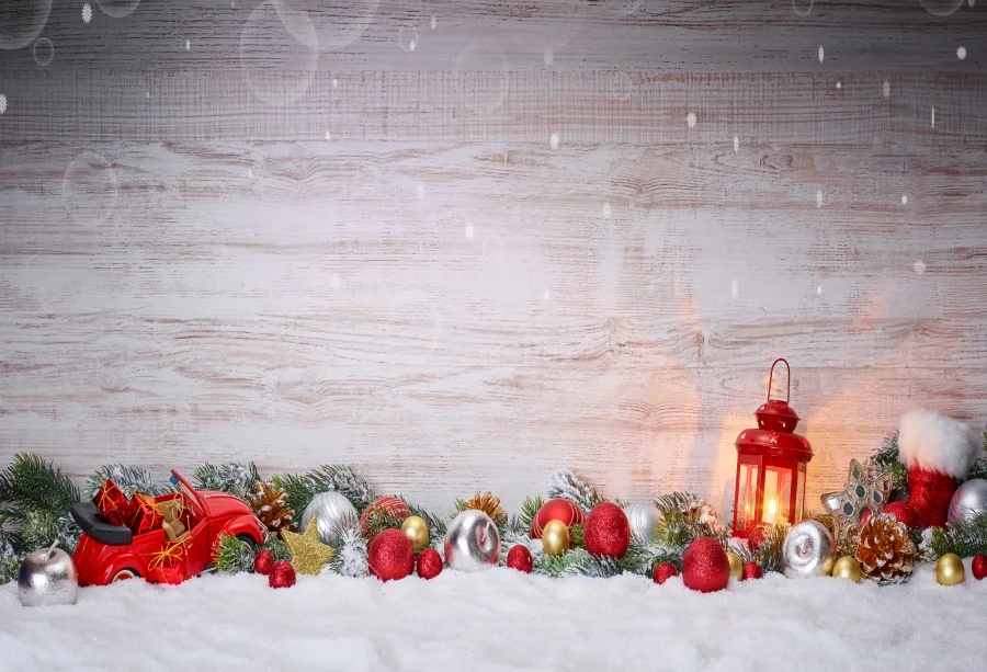 

Laeacco Wooden Board Snow Light Bokeh Christmas Balls Lamp Baby Photography Background Customized Backdrop For Photo Studio