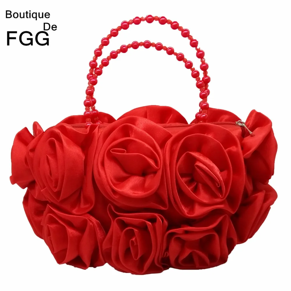 بوتيك دي FGG الأحمر زهرة روز بوش النساء الساتان حقيبة مسائية مقبض مطرز حقيبة مستحضرات تجميل حقيبة يد الزفاف العرسان مخلب
