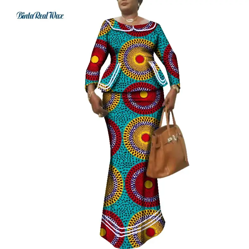 

New Bazin Riche African Women Top and Skirts Sets African Wax Print 2 Pieces Skirts Sets Traditional African Clothing WY1641