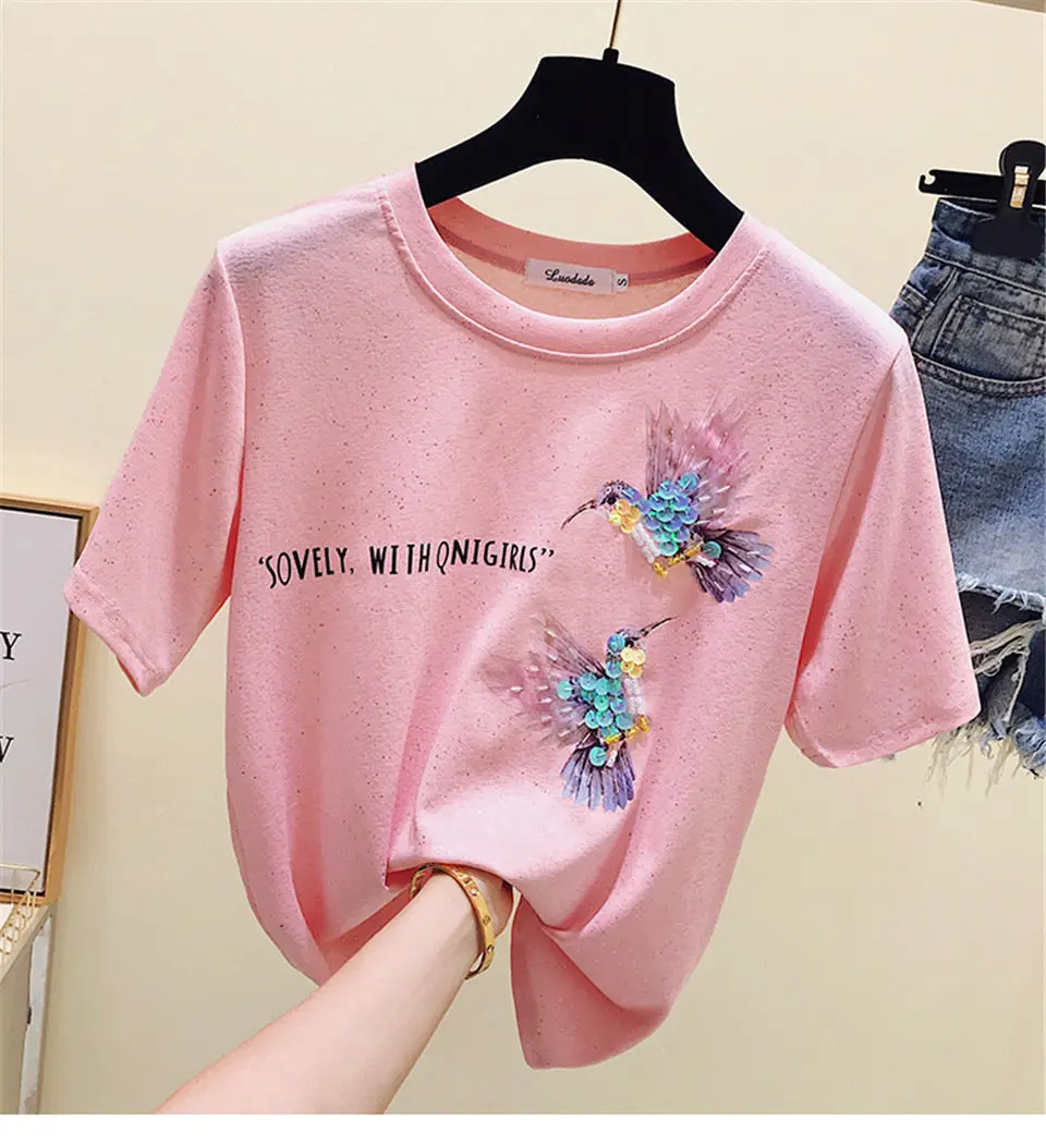 Корейская свободная уличная трикотажная модная летняя женская футболка с логотипом птицы, Новая мягкая Повседневная футболка с круглым вырезом и короткими рукавами - Цвет: Розовый