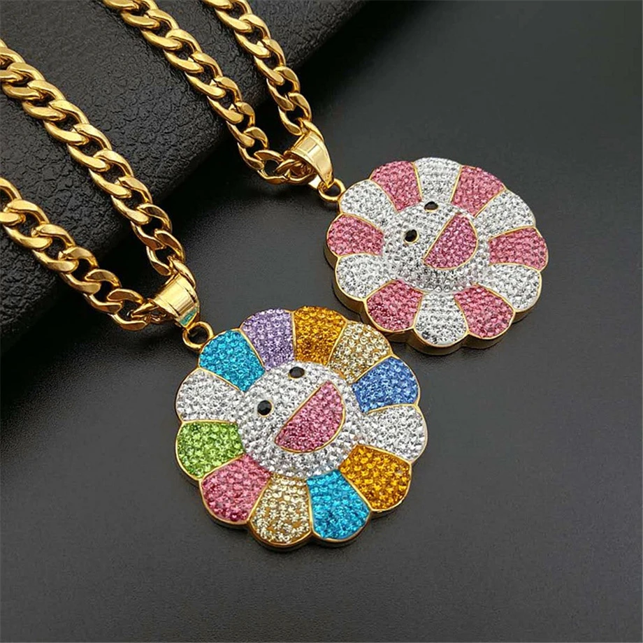 

2019 new Men Hip hop Sun flower pendant necklaces Iced out bling Stainless Steel fashion Charm Pendants Necklace Hiphop jewelry