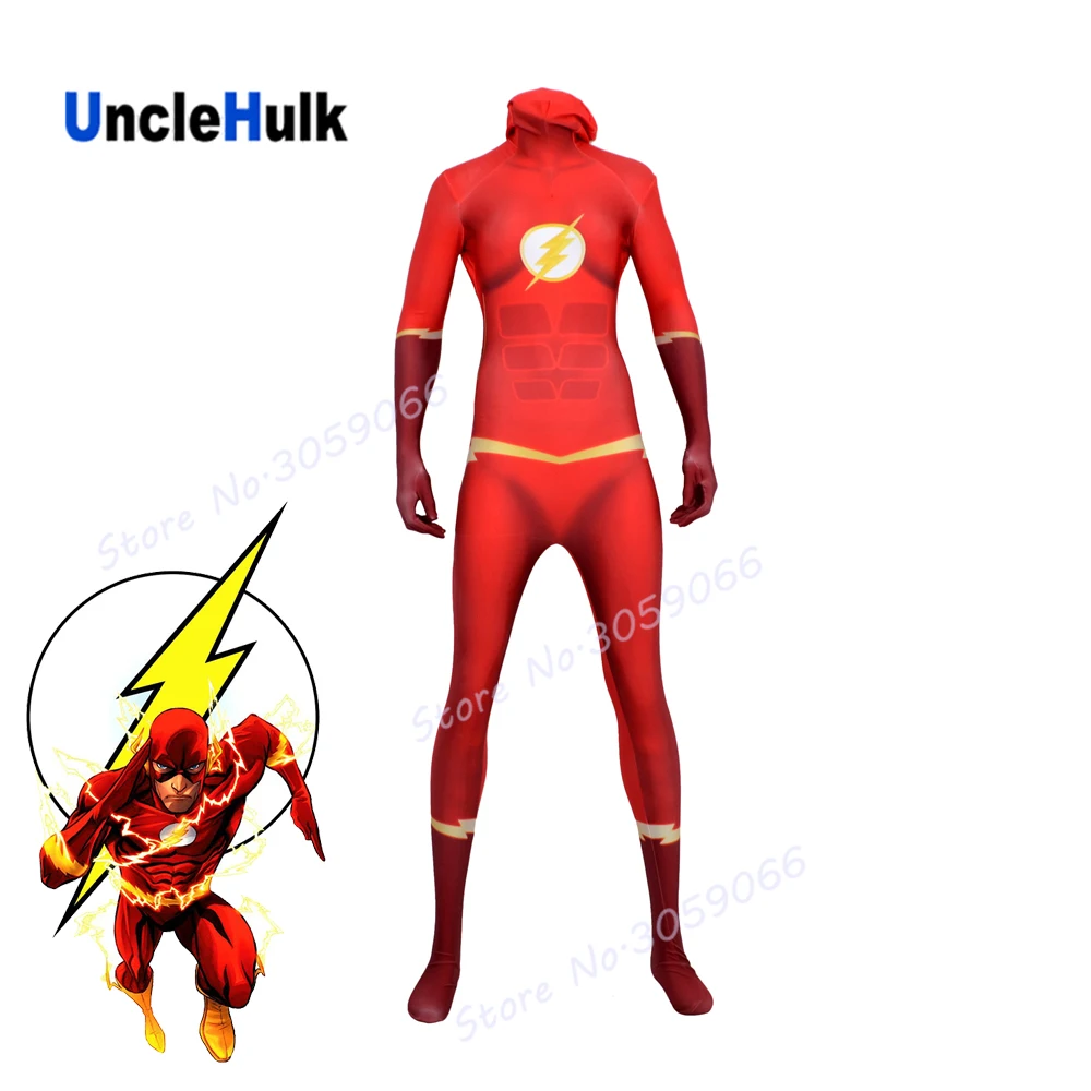 

The Flash Justice League Zentai Lycra Cosplay Costume - red suit with yellow logo -with hood | UncleHulk