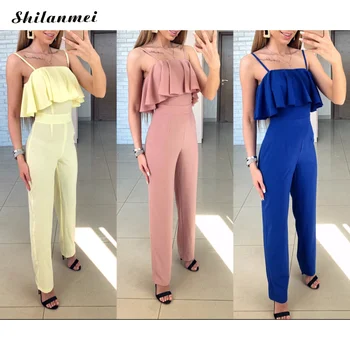 

Jumpsuits Summer Overall Backless Beach Jumpsuit Womens Ruffle Sheath Sexy Spaghetti Strap Female Slash Neck Solid Long Jumpsuit