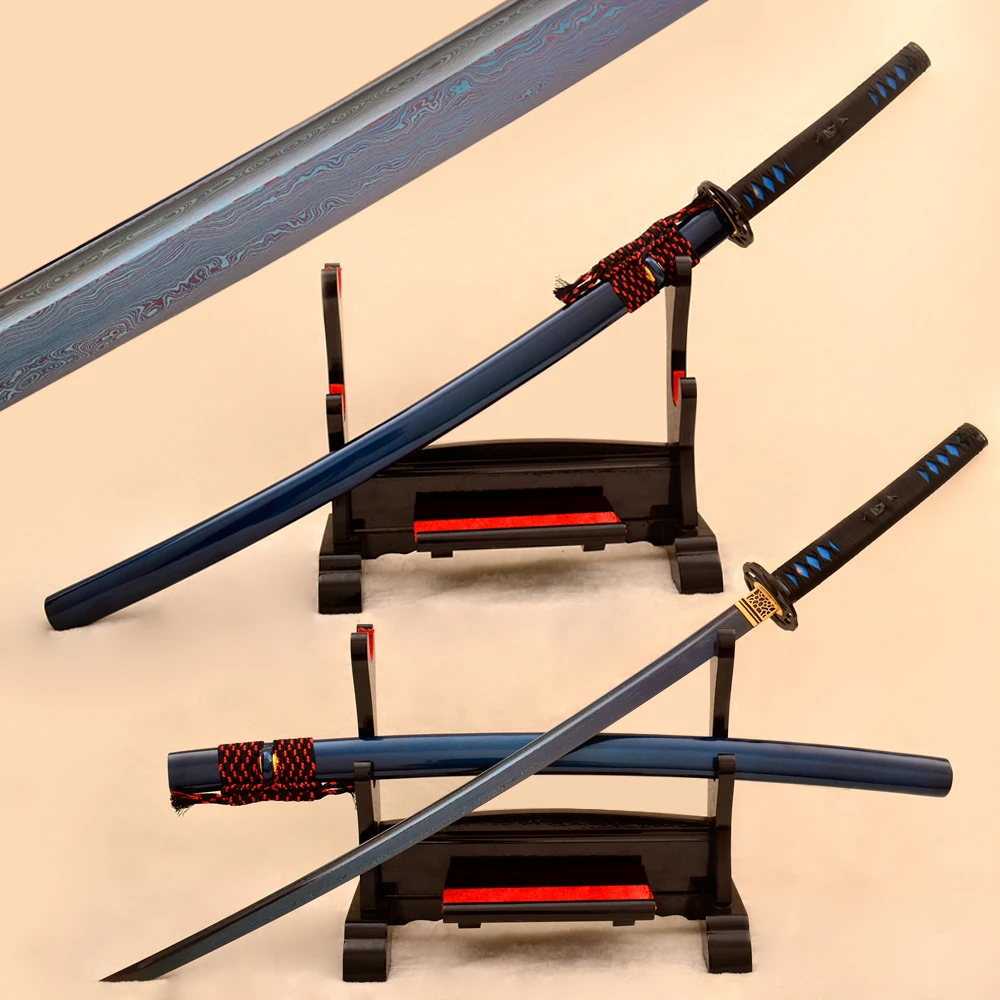 

Blue Blade Samurai Japanese Katana Sword Full Tang Damascus Folded Steel Sharp Battle Ready High Quality Iron Tsuba Custom Sword