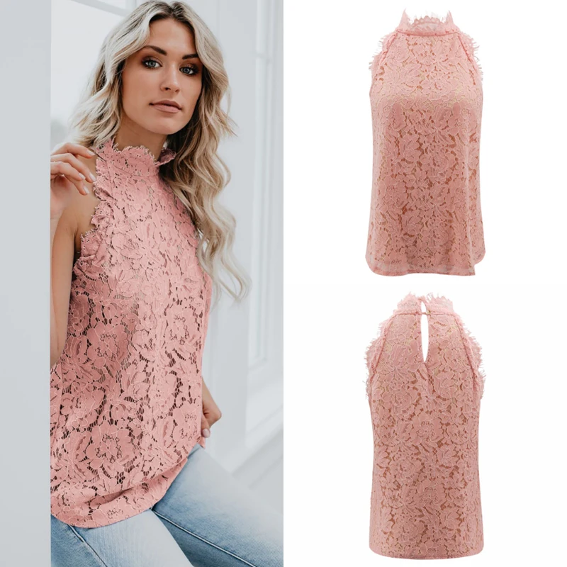 

Sexy Openwork Sleeveless Top Lace Summer Tops New Style Fashion Solid Women T Shirt Four Colors Tee Shirt Femme