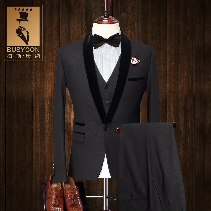 Мода черный смокинг для мужчин костюм Свадебные Жених Slim Fit 3 шт. вечернее платье(куртка+ жилет+ брюки