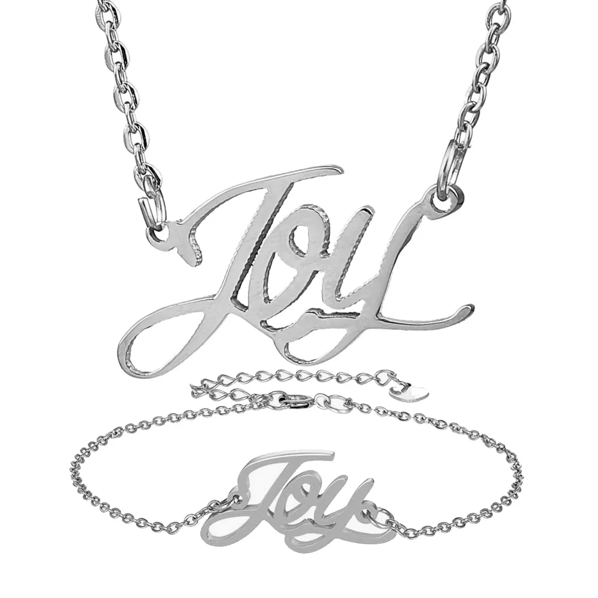Joy Charm Name Necklace + Bracelet Jewelry Set Stainless Steel Letters Chain Necklaces Pendant Nameplate Gift