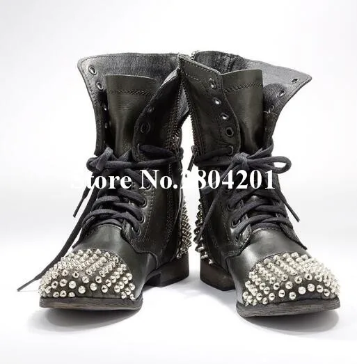 

Top Selling Fashion Martin Boots Round Toe Rivet Metal Embellished Lace Up Low Heel Zipper Detail Motorcycle Booties Black Shoes
