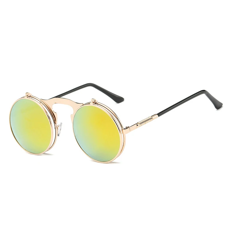 Винтажные стимпанк домашние очки металлические круглые солнечные очки женские для ретро двойной флип панк Солнцезащитные очки диск ночь - Цвет линз: yellow