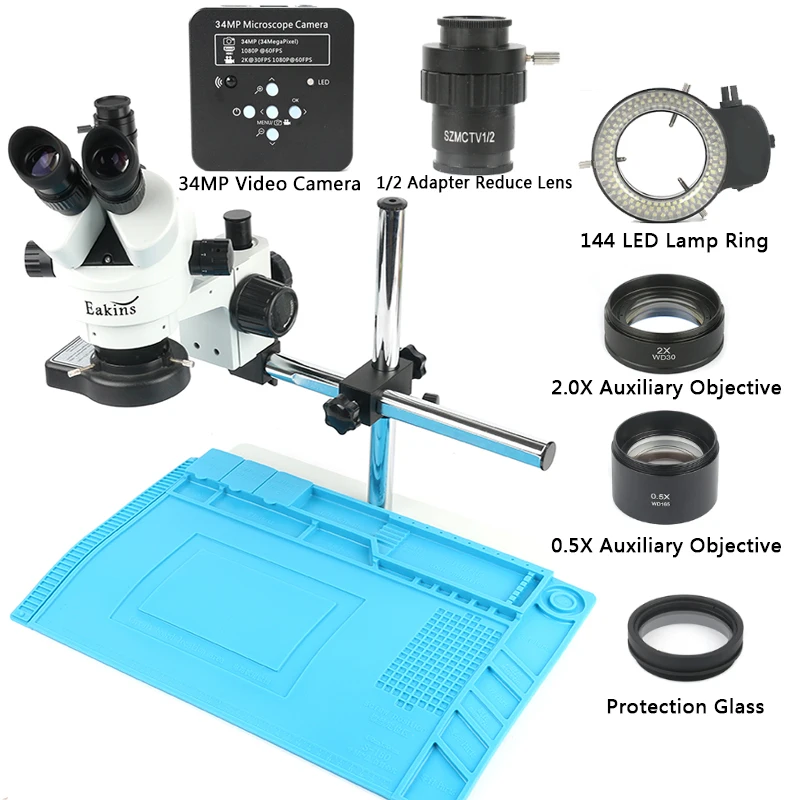  34MP 2K 1080P 60FPS HDMI USB Microscope Camera 3.5~90X Continuous Zoom Trinocular Stereo Microscope