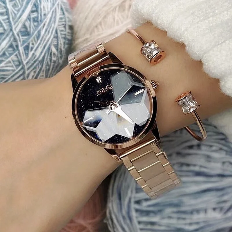 

Drop Ship Fashion Personality Starry Dial Women's Watch Rose Gold Stainless Steel Belt Ladies Quartz Watch relojes para mujer