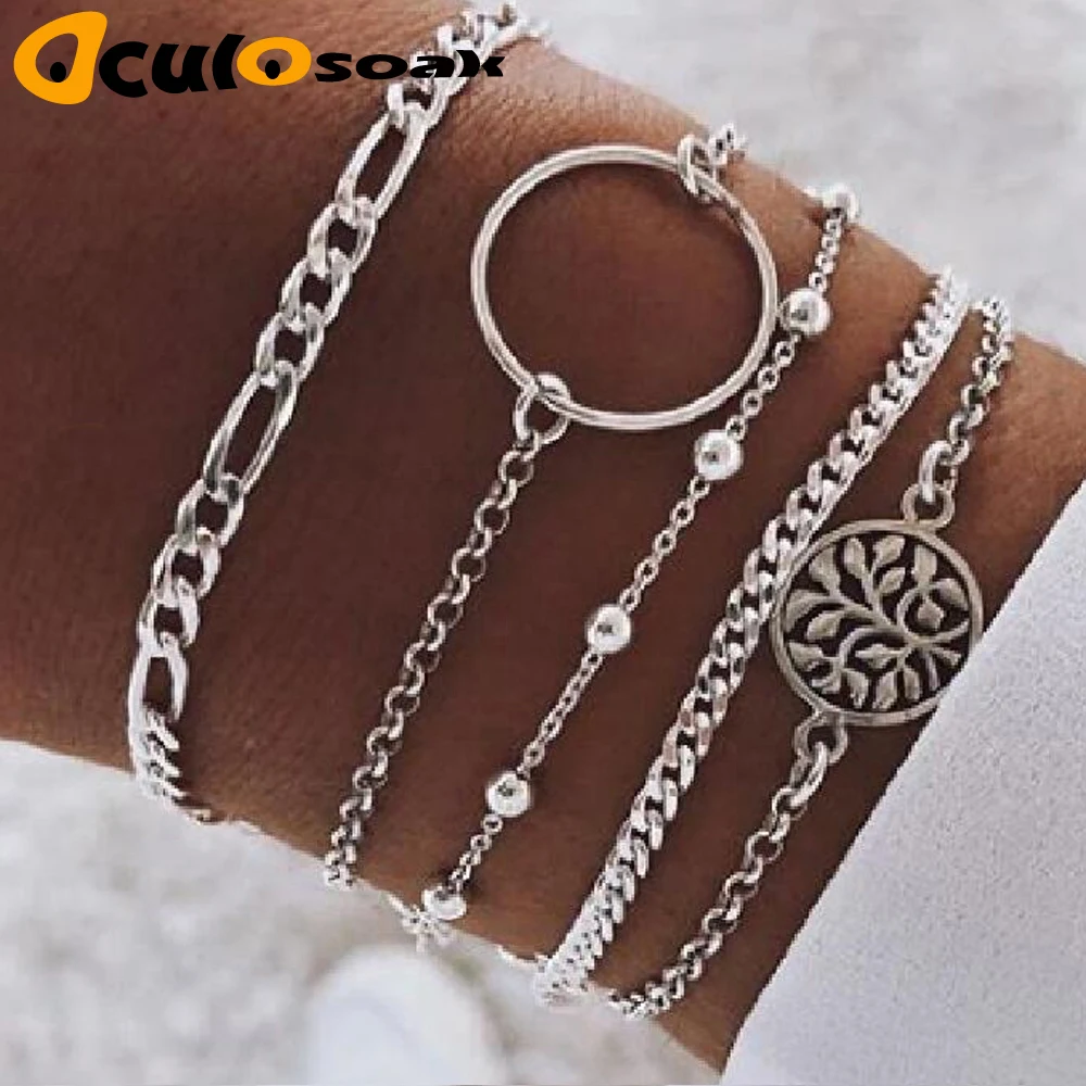 

Korean Silver Metal Chain Bracelets For Women Men Tree Charm Bracelets Sets 2019 New Boho Jewelry Gifts Bohemia