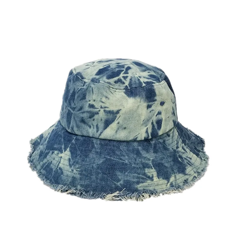 

Spring and Autumn Folding Washed Denim Bucket Hat with Fringed brim Flat Fisherman Cap Portable Sun Hat Vintage Grinding Edge