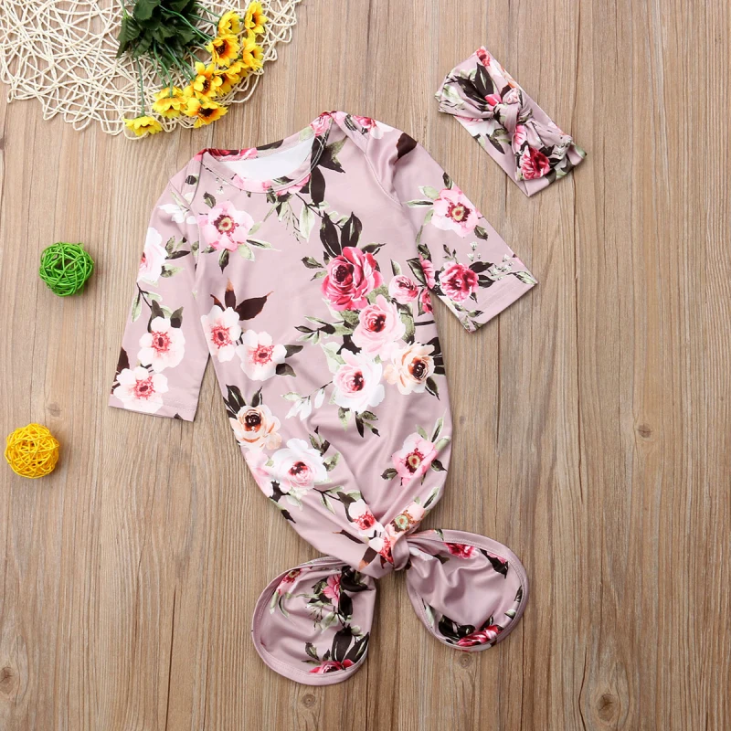 Комплект одежды для новорожденных девочек, пеленки с цветами, одеяло для сна+ повязка на голову, ночная рубашка с цветочным узором, халаты