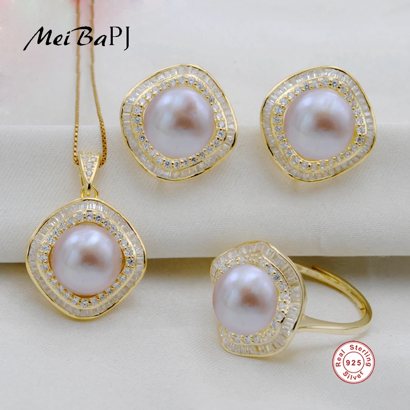

[MeiBaPJ]New Fashion Real 925 Sterling Silver Golden Jewelry Set Natural Pearl Pendant Necklace Ring and Necklace Sets for Women