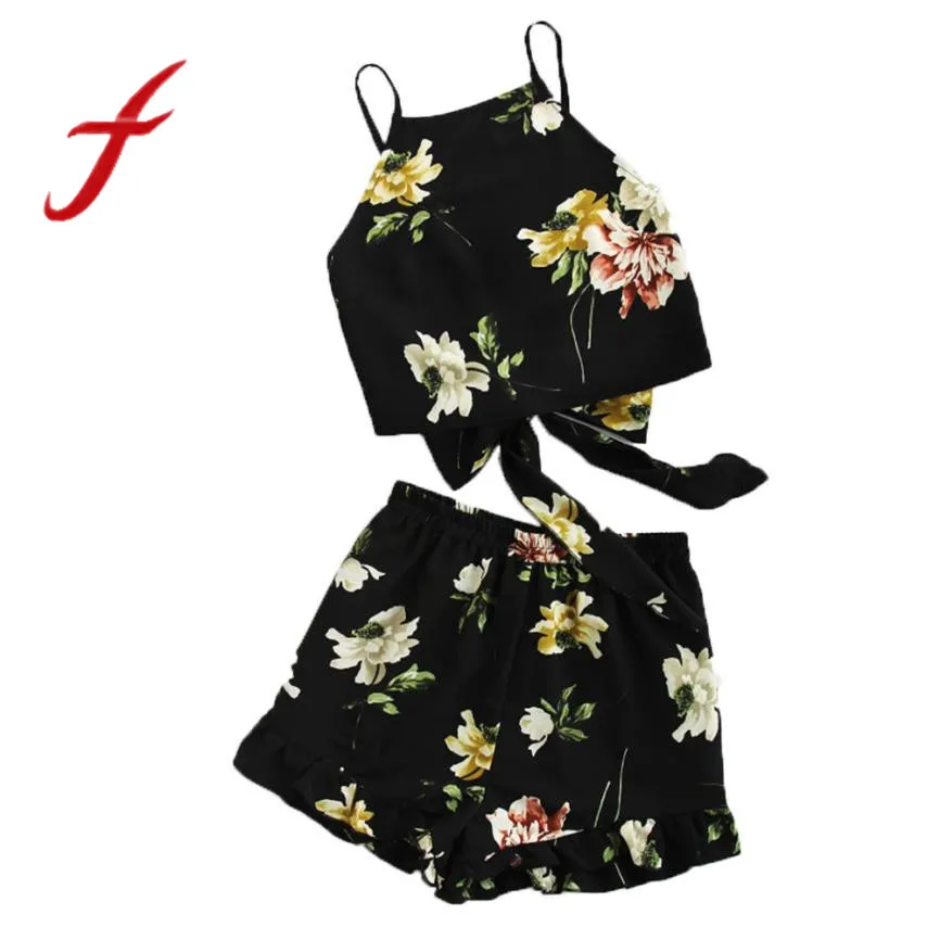 

Feitong Summer Women's 2 Piece Set Boho Sexy Halter Ruffle Floral Print Spaghetti Strap Crop Cami Top With Shorts Women Sets New