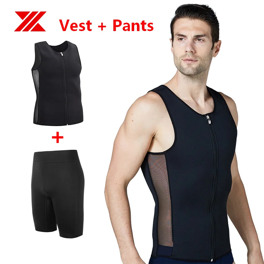 

HEXIN Men Vest with Pants 2Pcs One Set Neoprene Body Shaper Waist Trainer Tummy Control Elastic Mesh Slimming Sauna Sweat Suits